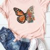 Pink Butterfly Floral Print Short Sleeve Graphic Tee