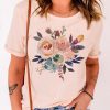 Pink Floral Plant Pattern Print Short Sleeve Graphic Tee