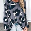 Gray Leopard Print Long Sleeve Loose Top