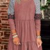 Pink Striped Leopard Patchwork Long Sleeve Mini Dress