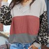 Red Wild Leopard Contrast Sleeve Colorblock Waffle Knit Top