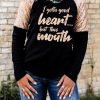 Black Letter Print Sequin Patchwork Long Sleeve Top