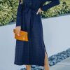 Blue Crinkle Textured Long Sleeve Shirt Dress With Belt