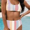 Snap Buttons Striped Print Two-piece Bikini