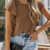 Brown Ribbed Knit Ruffled Short Sleeve T Shirt