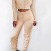 Khaki Ribbed Knit Cropped Hoodie And Jogger Two Piece Set