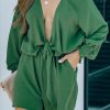 Green Tie Knot Puff Long Sleeve Romper