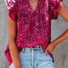 Rose Floral Print Tiered Flutter Sleeve V Neck Top