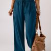 Blue Drawstring Elastic Waist Casual Wide Leg Pants