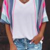 Stripe Patchwork V Neck T Shirt For Women - Soft Materials, Relaxed Fit - Fashionable And Comfortable