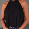 Black Halter Neck Pleated Tank Top