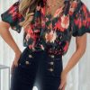 Green Abstract Printed V Neck Bubble Sleeve Blouse