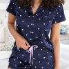 Women's Blue Satin Heart-Shaped Print High Waist Shift Drawstring Lounge Set