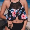 Women's Mesh Floral Splicing Bikini - Flyaway Swim Top With Full Coverage Bottom For Beach Vacations And Pool Parties