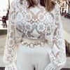 Elegant Lace Crochet Long Sleeve Top With Scalloped High Neck