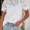 Elegant Women's Lace Top - Ruffle High Neck Bubble Sleeve Lace Crochet Regular Fit