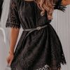 Women's Elegant Patchwork Lace Mini Dress With Round Neckline And Short Sleeves