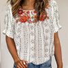 White Floral Embroidered Ethnic Printed Crinkle Blouse