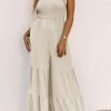 Apricot Tie Straps Shirred Bodice Tiered Wide Leg Jumpsuit