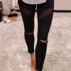 Women's Distressed Mesh Splicing Leggings - High Waist And Form Fitting For Casual And Nightclub Outings