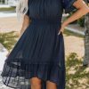 Women's Blue Lace Ruffle Sleeve Cinch Waist Smocking Dress | Summer Mini Dress