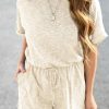 Beige Ribbed Elastic Waist Romper