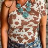 Women's Western Style Leopard Print Short Sleeve Tops With Cut Out Detail