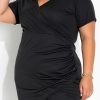 Black Wrap Ruched Short Sleeves Plus Size Mini Dress