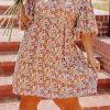 Plus Size Floral Print V Neck Babydoll Half Sleeve Puff Sleeve Summer Boho High Waist Shift Mini Dress