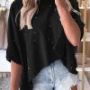 Black Distressed Bleached Asymmetric Hem Short Sleeve Top