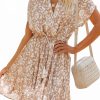 Pink Printed Tassel Drawstring Button V Neck Mini Dress