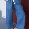 Sky Blue Wide Leg Drawstring Waist Loose Pants