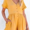 Yellow Button V Neck Crinkle Pocketed Romper