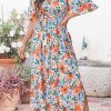 Women's Elegant Maxi Dress With Floral Print Pattern - Short Sleeve, Wrap Style, High Waistline - Perfect For Casual, Formal & Vacation Occasions