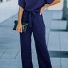 Women's Jumpsuit With Tie Waist Belt, Batwing Sleeve And Solid Color For Summer Outfit