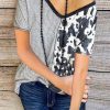 Gray Stripes & Cow Print Contrast V Neck Tee