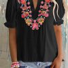 Women's Summer Short Sleeve Top With Blooming Floral Embroidered Pattern And Puff Sleeves With Ruffle From Tianshan