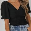 Black V Neck Ruched Front Puffy Sleeve Blouse