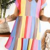 Red Multicolor Striped Color Block Tiered Mini Dress