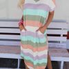 Striped Side Split Pockets V Neck T Shirt Midi Dress