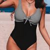 Women's Sexy V Neck Striped Patchwork One Piece Swimsuit With Tummy Control