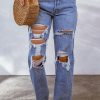 Women's Light Blue Denim Ripped Shift Jeans With Distressed Details