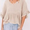 Apricot Ruffled Lace Detail Loose V Neck Top