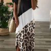 Women's Leopard Casual T Shirt Dress With Color Block Design - Long Maxi Dress For Summer Season