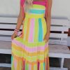 Women's Sleeveless Maxi Dress - Stripe Patchwork, Color Block Design & High Waist