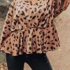 V Neck Leopard Print Peplum Blouse