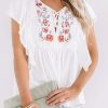 White Floral Embroidered Ruffled Lace-up V Neck Top