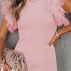 Pink Ruffle Tulle Sleeve Ribbed Knit Bodycon Dress