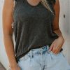 Gray Ruched Shoulders Ribbed Knit Tank Top