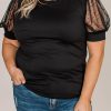 Black Dotty Mesh Splicing Bubble Sleeve Plus Size Top